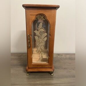 Vintage Wooden Floral Etched Glass Jewelry Box  Rosalco 1987